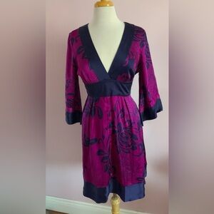 bebe  Silk Magenta and Navy Floral Long Sleeve Dress